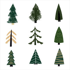 Obraz premium Set Christmas forest tree fir-tree icon. Simple doodles black white illustration in scandinavian style