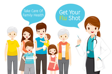 Female Doctor Holding Hypodermic Syringe, Get Your Flu Shot In Speech Bubble, Take Care Of Family Health By Injecting Flu Vaccine