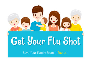 Family With Sign Of Get Your Flu Shot, Take Care Of Family Health By Injecting Flu Vaccine