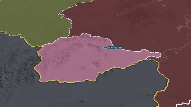 Yevrey - autonomous region of Russia (territory after annexation of Crimea in 2014) with its capital zoomed on the administrative map of the globe. Animation 3D