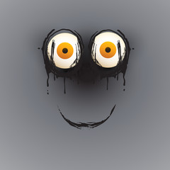 Happy Halloween Card Template - Creepy Face with Pop Out Glowing Eyes and Strange Smile in the Dark - Vector Illustration