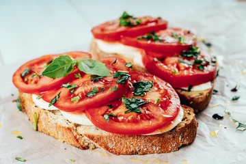 Foto op Plexiglas Caprese Toast With Mozzarella, Tomatoes And Basil © radub85