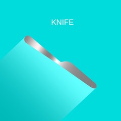 Realistic grey knife icon with long shadow on blue background. Vector Illustration for cutlery symbol.  