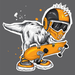 Dinosaur. Bright vector illustration. Cartoon reptile. Tyrannosaur. Print on clothes, drawing for postcards. Hipster. Skater. Sport. Skateboard, extreme. © juliagrin