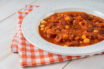 Chorizo Stew With Red Beans, Chickpeas And Tomato Sauce