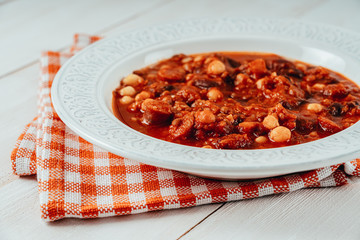 Chorizo Stew With Red Beans, Chickpeas And Tomato Sauce