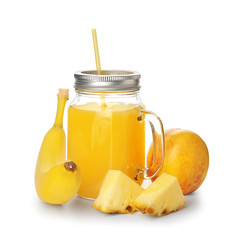Mason jar of fresh fruit juice isolated on white