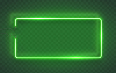 Neon rectangle lamp wall sign isolated on transparent background. Vector green power glowing bulb banner, light line frame for your design.