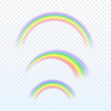 Rainbow icon set isolated on transparent background. Vector realistic translucent sky elements template.