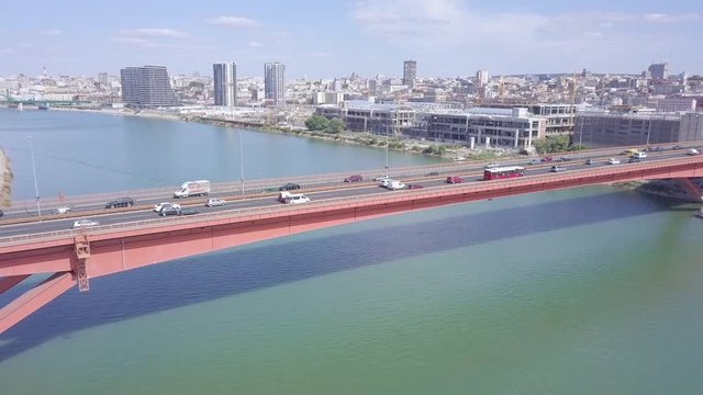 Gazela bridge and Sava river in Belgrade, summer day aerial 4k