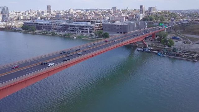 Opening panorama aerial shot of Gazela bridge and cars on Sava river, Belgrade