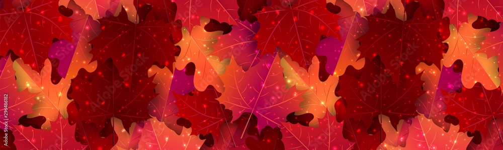 Wall mural autumn banner. horizontal header with red and orange maple leaves and glowing sparkles. vector illus