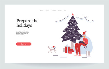 Naklejka premium Merry Christmas. Happy new year. Old women cuddle her domestic animal. Funny granny celebrate with pets. Cat party. Christmas tree. Landing page, vector illustration EPS 10 isolated on white