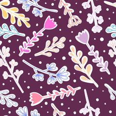 Seamless colorful pattern with cartoon flowers, twigs, decor elements, dots on a neutral dark background. vector. hand drawing. Cartoon floral ornament. design for wrapping, fabric, textile, print