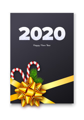 Holiday gift card. Happy New Year 2020. Snow numbers, fir tree branches, candy canes and golden bow on dark background. Celebration decor. Vector