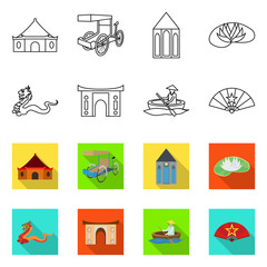 Vector illustration of travel and country sign. Set of travel and asia stock vector illustration.