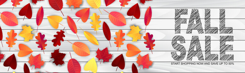 Obraz premium Fall sale banner or long header. Red and orange tree leaves on wooden plank background. Vector illustration.