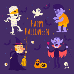 Cartoon vector halloween stickers: mummy, witch, vampire, ghost, pumpkin, bat, zombie
