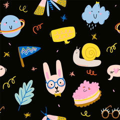 Cute scandinavian seamless pattern including funny decorative hand drawn elements. Cartoon doodle style illustration for birthday decor, stickers, T-shirt, nursery, kids design. Vector.