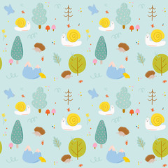 Cute scandinavian seamless pattern including funny decorative hand drawn elements. Cartoon doodle style illustration for birthday decor, stickers, T-shirt, nursery, kids design. Vector.