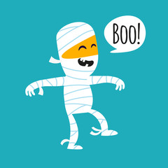 Cute mummy halloween card, sticker, invitation. Funny Kids decoration.