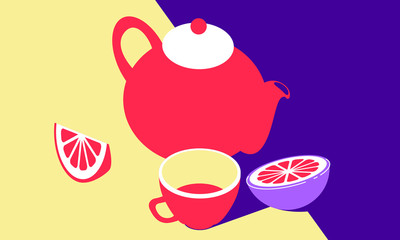 Tea time pop art style. tea leaves, tea, cup, glass, isometric illustration, set