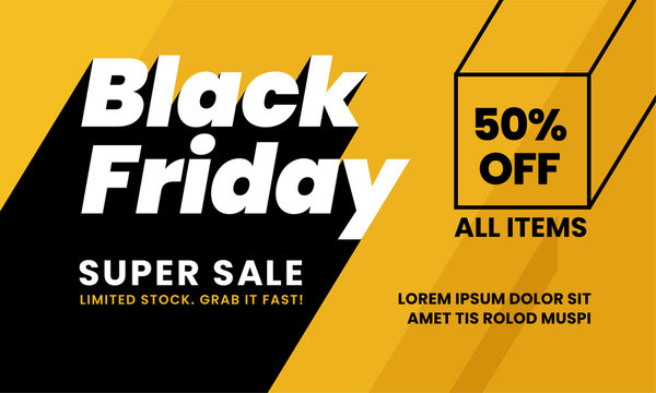 Black friday super sale 50% off modern typography long shadow style with 3d extrude box poster background social media promotion design. vector illustration graphic template
