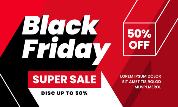 Black friday super sale 50% off poster background social media promotion design. trendy modern typography with long shadow style and 3d box vector illustration graphic template