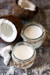 Keto drinks. Coconut milk. Selective focus. Macro.