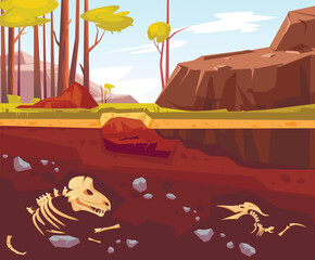 Archaeological excavations, cartoon vector illustration. Natural landscape with trees, mountains, green grass and dug pit. Underground soil with fossils, dinosaur skeleton in them, cross section