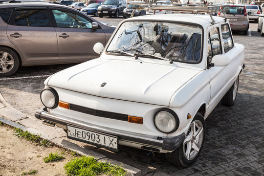 Closeup photo of old white ZAZ-968M Zaporozhets
