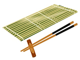 Empty of green bamboo mat or wood plate with chopsticks isolated on white background, Hand drawn, dishes for sushi, Asian food concept, Mock-up