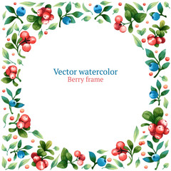 Watercolor vector frame with leaves and berries