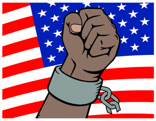 Power of Liberty, concept with USA flag background. art. broken chains. Anti Slavery campaign. Freedom day.