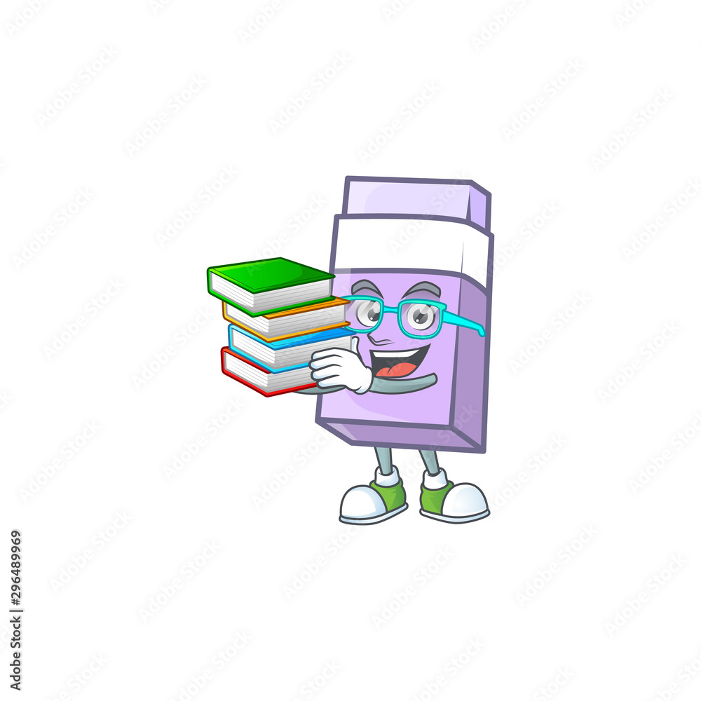 Sticker Student with book eraser cartoon isolated on white background.