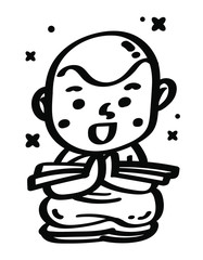 Monk cartoon vecter illustration. Line doodle art.