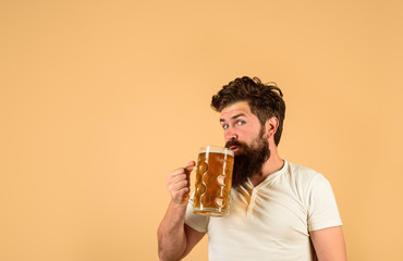 Germany traditions. Celebration oktoberfest festival. Brewery concept. Bearded man drinking beer. Pub and bar. Brewer. Craft beer. Bearded man hold glass with delicious beer. Beer in Germany. Alcohol.