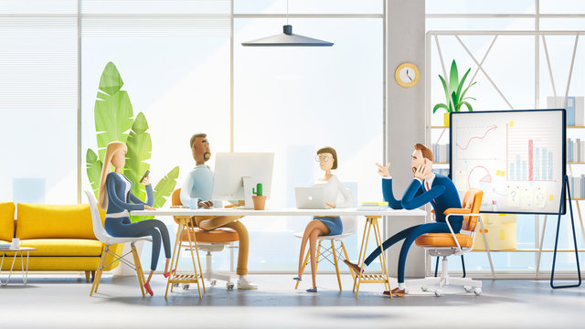 Seminar business conference with workers in office, planning new strategy. 3d illustration.  Cartoon characters. Business teamwork concept. 