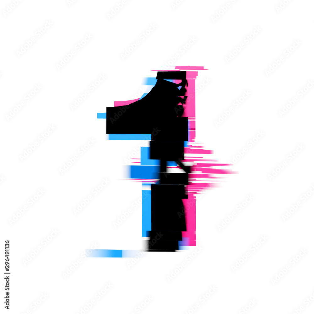 Fototapete number 1 distorted neon glitch effect text font. 3d render