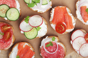 Top view on different sandwiches, flat lay	