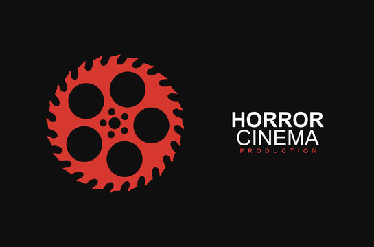 Horror film cinema logo vector logo template. Stylized movies reel and circular saw on black background. Entertainment logotype concept