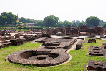Old bricks structure near Dhamekh stupa in Sarnath, the birth place of Buddha in Varanasi, India
