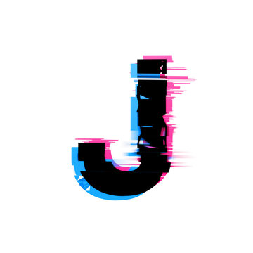 Letter J distorted neon glitch effect text font. 3D Render