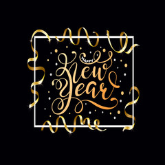 Happy New Year hand written lettering with golden Christmas stars and Gold Serpentine