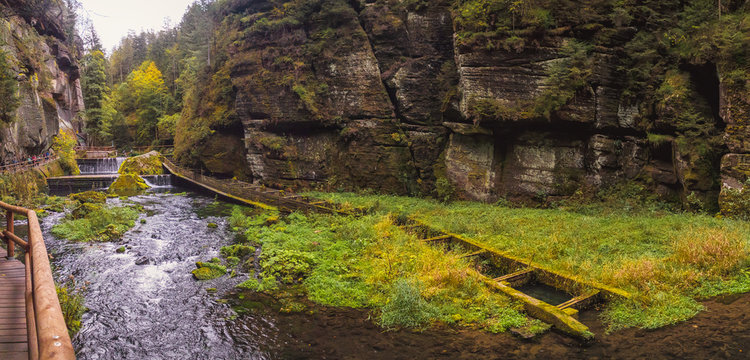The Kamnitz Gorge - Fish ladder on river flowing through rocky ravine in Bohemian Switzerland., Czech republic