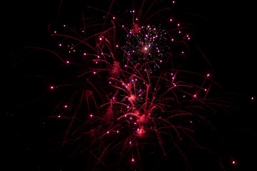 Fireworks in the sky. Salute exploded in a colorful ball in the night sky. Sparks and lights on a...