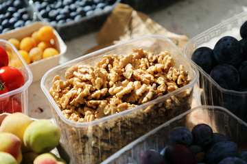 Boxes with berries and nuts from farmers market. Vienna