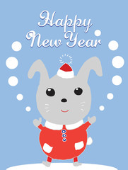 happy new year greeting card with a hare in santa claus costume, vector, illustration