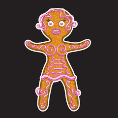 Christmas gingerbread woman on black isolated background. Sticker design element. Vector image