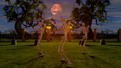 Dancing skeletons in the cemetery at night. Halloween concept. 3D rendering.
